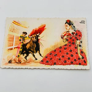 Jano A Ibarra Postcard Silk Thread Bullfight Spain Matador Souvenir 1950 Vintage - Picture 1 of 11