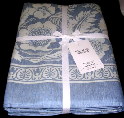 WILLIAMS SONOMA VINTAGE FLORAL JAQUARD TABLECLOTH 70X108 BLUE LINEN/COTTON NWTGS - Image 1 of 4