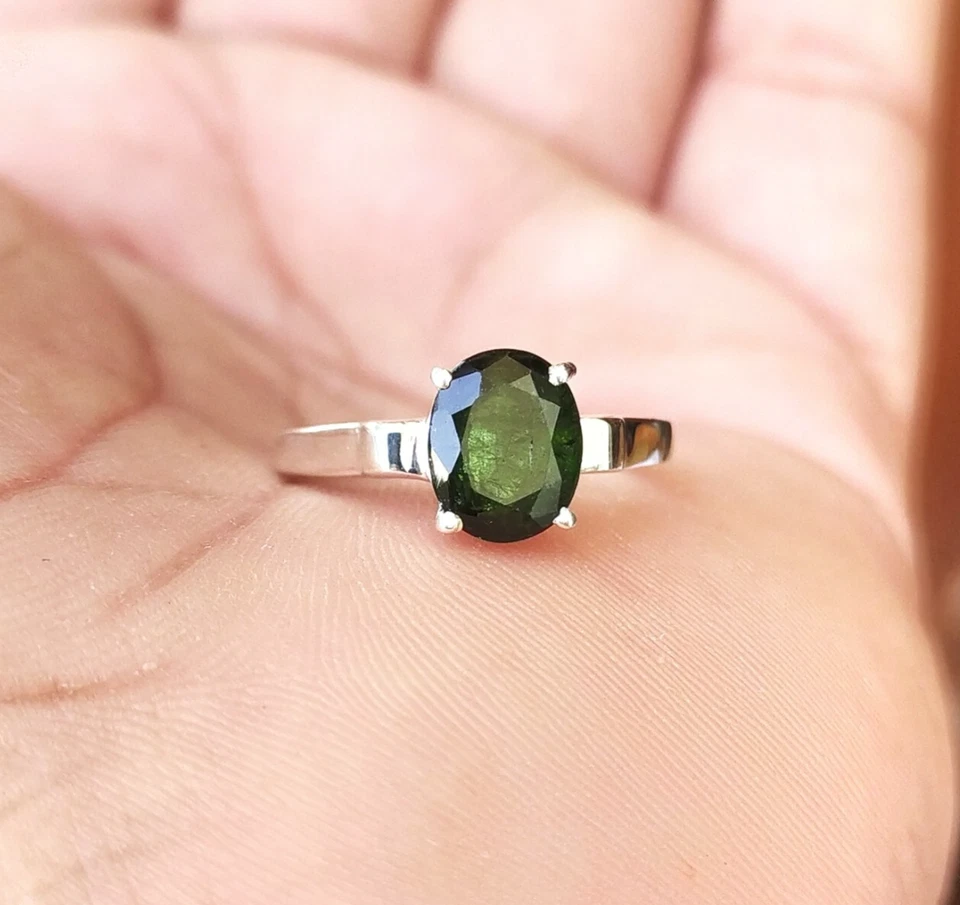 Anillo solitario de turmalina verde plata de ley 925 - anillo de aniversario para mujer Foto 1 de 4