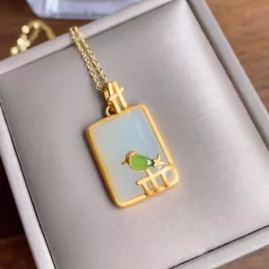 White Natural Jade Bird Pendant Necklace Real Jewelry 18K Gold Plated - Picture 1 of 6