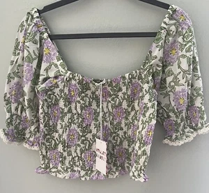 Roller Rabbit S Daphne Renata SILK Blend Top Purple Floral Green Blouse New - Picture 1 of 7