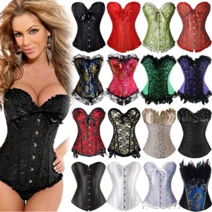 Women Boned Lace Up Overbust Burlesque Corset Bustier Top Waist Training Cincher - Picture 1 of 51