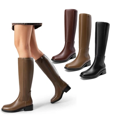 Women Fashion Low Chunky Heel Square Toe Side Zipper Riding Knee High Boots - Image 1 of 2