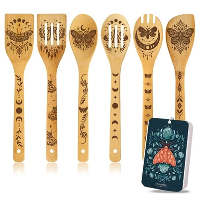 Juego de cucharas de bambú grabadas góticas Dark Moth | Utensilios de cocina de Halloween para... Foto 1 de 4