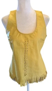 Vintage Kelli Kouri Leather Tan Sleeveless Top Fringe Hem Braid Front Zip Back M - Picture 1 of 15