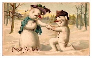 HAPPY NEW YEAR -PROSIT NEUJAHR - SNOWMAN PROPOSES - OLD HOLIDAY POSTCARD - Picture 1 of 2