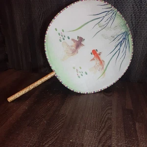 Vintage Orientalischer Runder Handfächer Bambusgriff Koi Fisch Teich - Bild 1 von 4