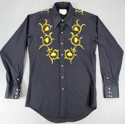 Camisa De Colección Rockmount Ranch Wear Western Abotonada A Presión 15.5 Negra Rodeo Floral Foto 1 de 4