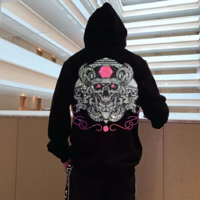 Fashion Skull Rhinestone Hot Drill Diamond Winter Hoodie Men Luxury Sweatshirt - Image 1 of 4