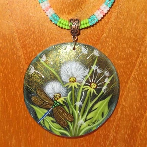 Dandelion Seedhead & Dragonfly Shell pendant hand painted beaded necklace signed - Picture 1 of 13