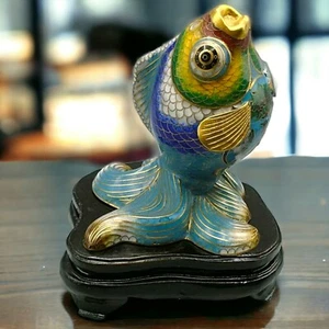 Vintage Cloisonné Enameled Brass Koi Fish Sculpture on Wood Stand - Picture 1 of 13