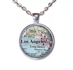 Los Angeles California Road Map Travel - Handmade Round Glass Pendant Necklace - Picture 1 of 10