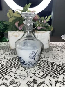 VTG French Decorative Glass Decanter White & Blue w/ Glass Stopper 7" X 3 1/2" - Picture 1 of 4