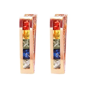 14K. GOLD HUGGIE EARRING WITH MULTI COLORS SAPPHIRES - Picture 1 of 15