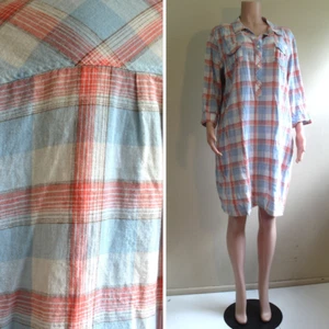 Old Navy Shirt Shift Dress XXL Linen Cotton Plaid 3/4 Sleeve Button Coral Blue - Picture 1 of 9