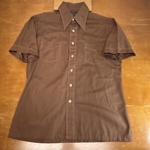 Vintage JCPenney Shirt Mens Medium Brown Collar Button Up 80s Short Sleeve