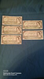 Canada misc bills x5  $5.00 face circulated bills in average used condition 1967