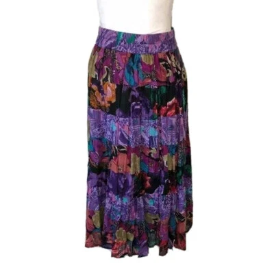 Baxter & Wells 裙子小号层叠紫色黑色花卉弹性腰围衬里棉质 — 第 1/4 张图片