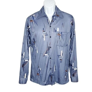 Vtg 70s Mr Jan Don Giovanni Disco Shirt M Geometric Stripe Blue Brown - Picture 1 of 6