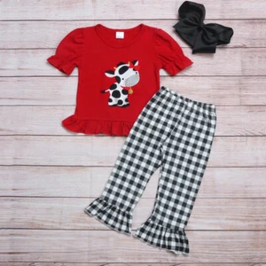 NEW Boutique Girls Cow Short Sleeve Shirt & Plaid Ruffle Leggings Outfit Set - Picture 1 of 8