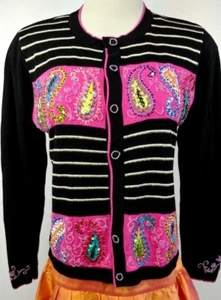 Cárdigan de cachemira con cuentas brillantes Just B suéter retro funk negro rosa metálico M - Imagen 1 de 10