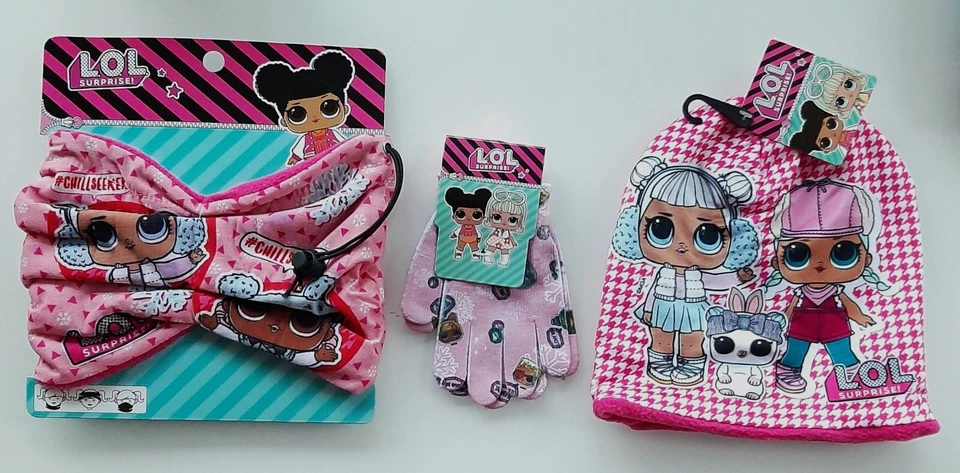 LOL SURPRISE Mütze Schal Handschuhe Set Fleece Kinder 6-8 Jahre Schlauchschal