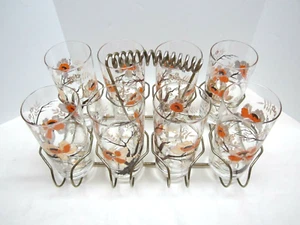 8 Vintage Culver Gold Trim Lotus Flower 12oz Drinking Glasses with Carrier - Picture 1 of 9