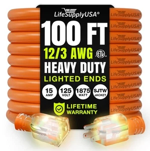 100ft Outdoor/Indoor Extension Cord 12/3 Gauge Extra Heavy Duty 3 Prong SJTW,... - Picture 1 of 8