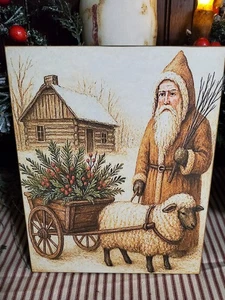 OLD COLONIAL PRIMITIVE VINTAGE STYLE CHRISTMAS SANTA SHEEP LOG CABIN WOODEN SIGN - Picture 1 of 13