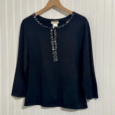 Blusa Talbots Mezcla Seda XL Negra Joya Cuentas Cuello Dividido Fiesta Vacaciones Foto 1 de 4
