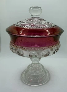Kings Crown Thumbprint Ruby Red Pedestal Compote Candy Dish Covered Glass W/Lid - Picture 1 of 7