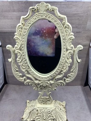Vintage Cast Iron White Ornate Standing Tiltable Dresser Mirror 13” Tall - Image 1 of 4