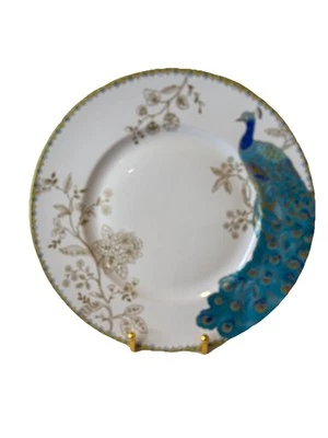 222 FIFTH Peacock Garden Porcelain Dinner Plate Set of 4 Gold Floral Scroll NEW - Image 1 of 4