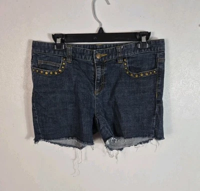 Michael Kors Women's Denim Shorts Dark Blue Cut Off Size 8 Studded Logo - Image 1 of 4