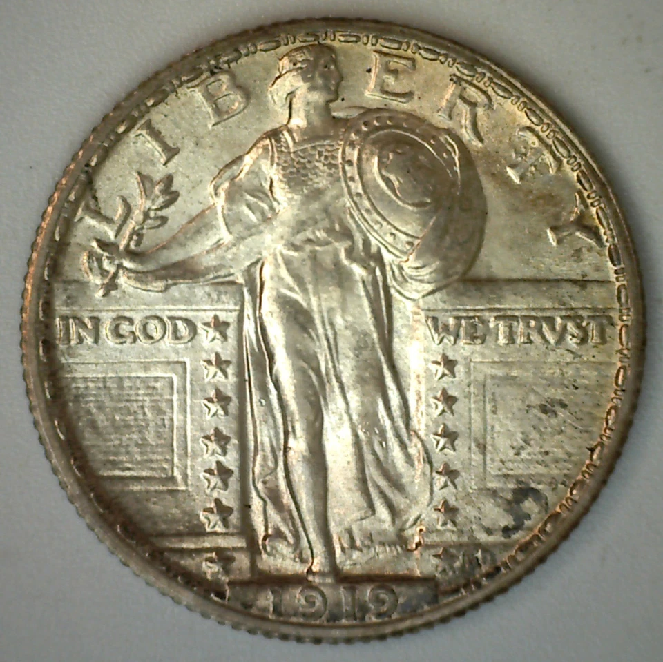 1919 Standing Liberty Silver Quarter Toned Uncirculated 25c Coin Full Head - Image 1 of 2