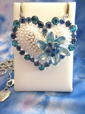 Betsey Johnson Blue Crystal Flower White Pearls  Heart Silver Pendant Necklace - Image 1 of 4