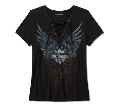 Camiseta para mujer HD Bling Dark Angel manga corta con cordones delantera Harley negra 96633-25VW Foto 1 de 3