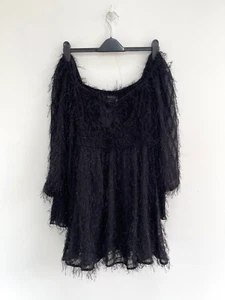 Asos Dress Black Eyelash Tufted Volume Sleeve Off the Shoulder UK 12 - NEW - Picture 1 of 8