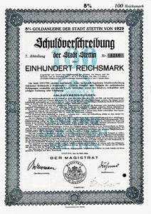 Stadt Stettin, 8% Goldanleihe (Schuldverschr.) 7. Abtl., 1929 (100 RM) gelocht - Bild 1 von 1