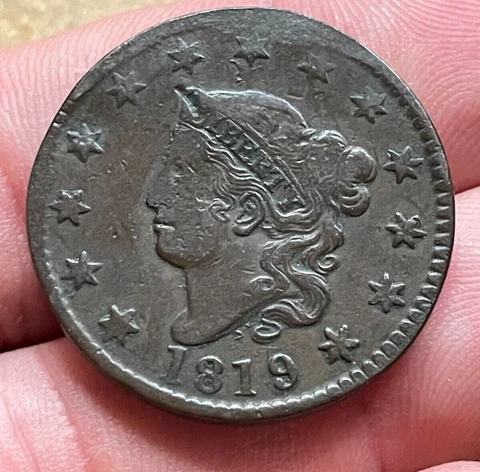 Large Date 1819 U.S copper Coronet Head LARGE CENT 1c coin Eye Appeal COLOR Cover