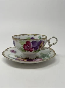 Vintage Lefton China Pansies Cup & Saucer Hand Painted Japan Signed On Bottom - Picture 1 of 7