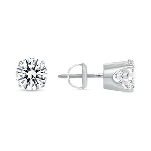 3.00 Ct Round Cut Earrings Crown Set Studs Real Solid 14K White Gold Screw Back - Picture 1 of 1