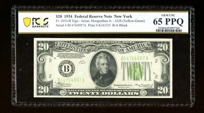 DBR 1934 $20 LGS FRN New York Fr. 2054-Blgs PCGS-B 65 PPQ Serial B14764997A - Image 1 of 2