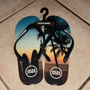 NEW JACK & JONES Premium Flip Flops Sandals: Palm Tree Sunset Surfer Size 9/10 - Picture 1 of 3
