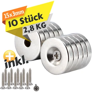 10 x Neodym Magnete mit Loch Bohrung 15mm Senkung 2,8KG Mini Magnet Scheibe  - Bild 1 von 6