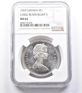 MS64 1965 Canada Silver $1 Large Beads Blunt 5 NGC Beautiful Tone Reverse *5308 - Picture 1 of 3