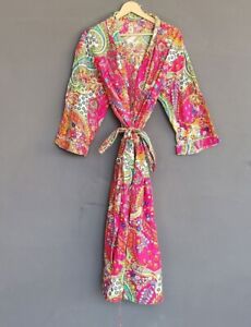 New Indian Pink Paisley Cotton Robes Long Kimono Sleepwear Night Kimono Robes US