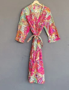 New Indian Pink Paisley Cotton Robes Long Kimono Sleepwear Night Kimono Robes US - Picture 1 of 3