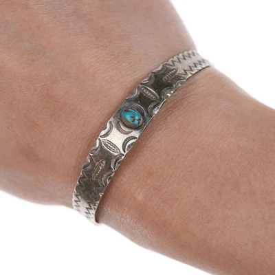 6.35" 30's-40's Stamped Silver Cuff Bracelet with turquoise - Image 1 of 4