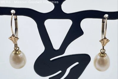 10K 黄金珍珠杠杆吊坠耳环 - 1.79 克 — 第 1/4 张图片